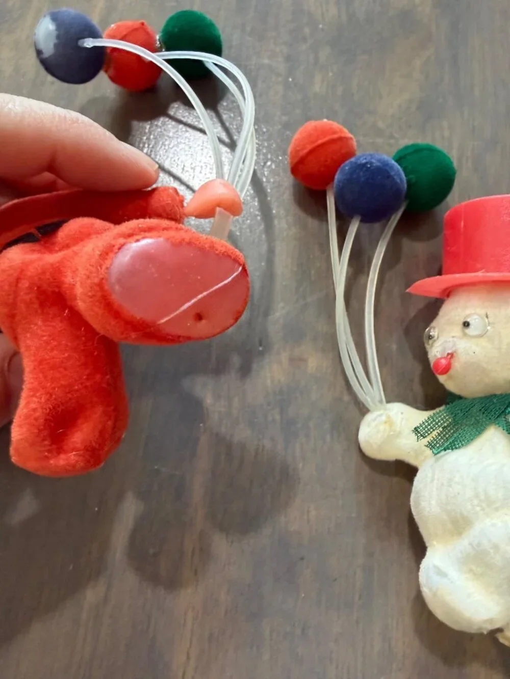 Vintage 1960s Flocked Plastic Blow Mold Ornaments Snowman and Soldier